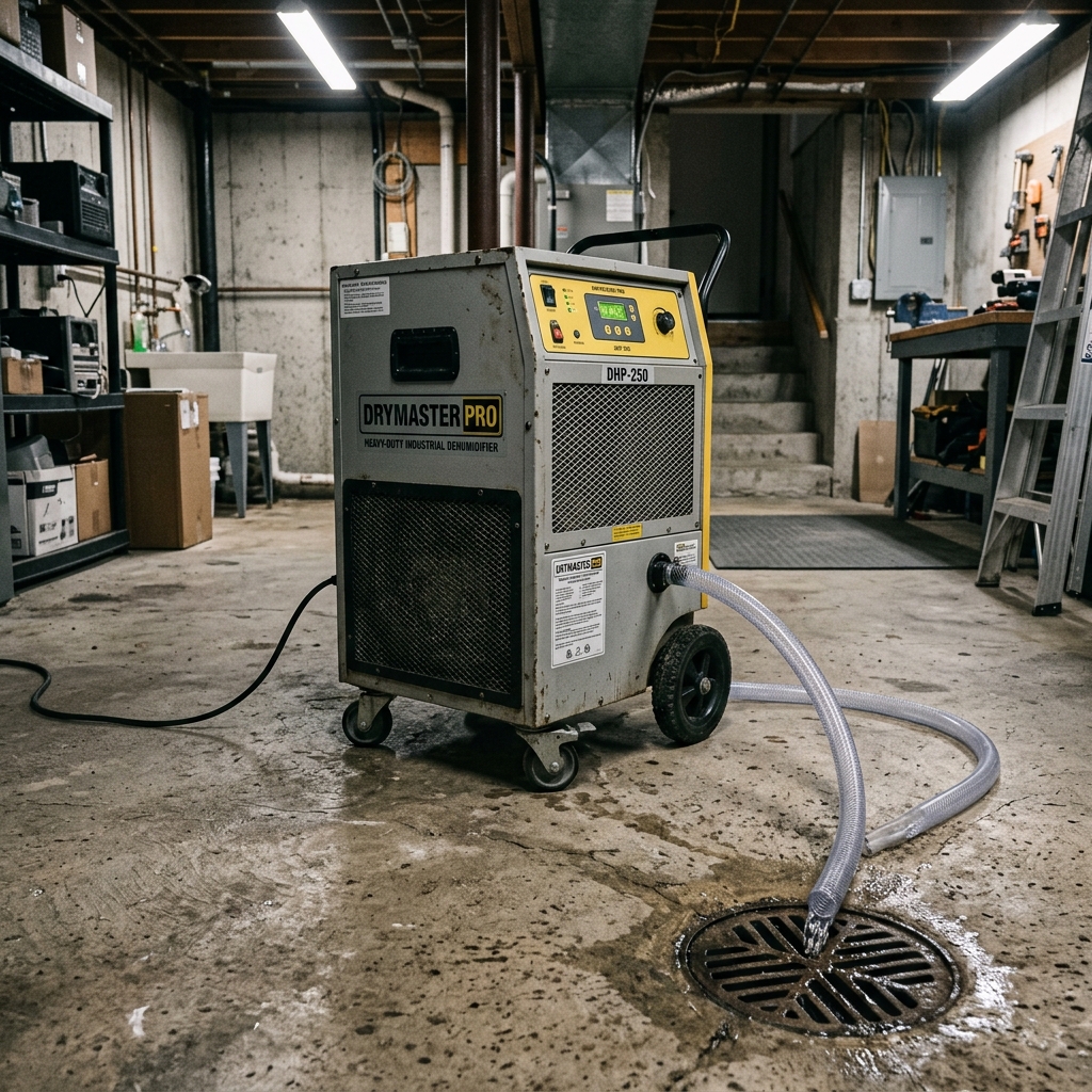 A large commercial dehumidifier with a drain hose connected to a basement sump pump