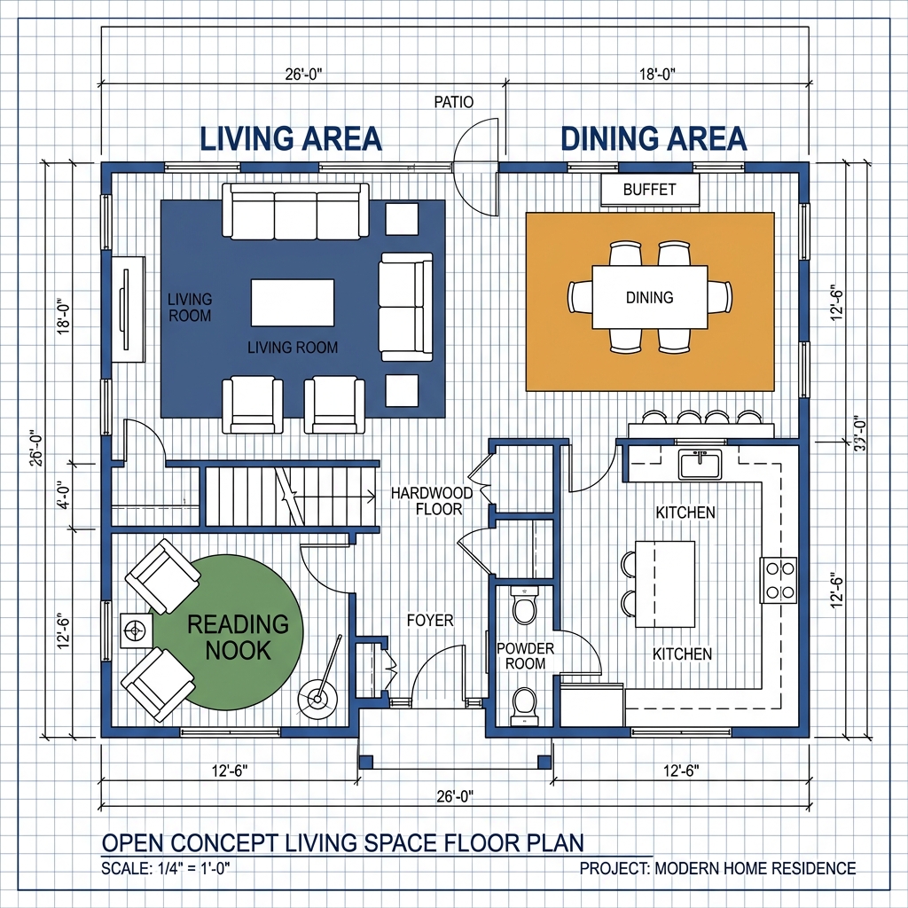 A floor plan diagram showing different color zones in an open space