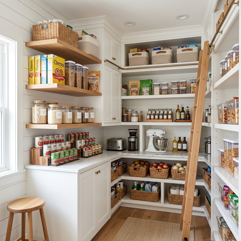 A beautifully organized walk-in pantry with varying shelf heights