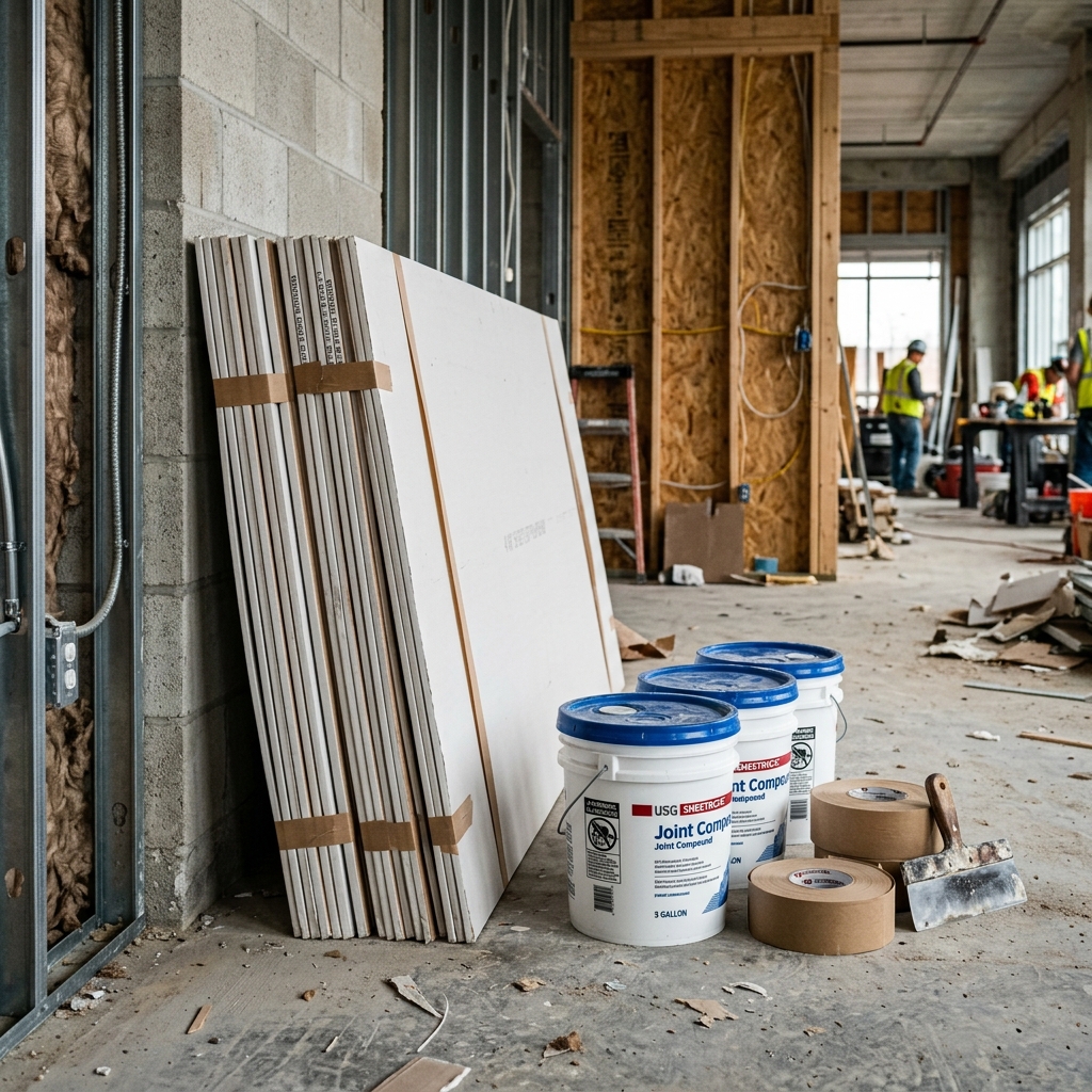 Stacks of 4x8 drywall sheets and buckets of joint compound
