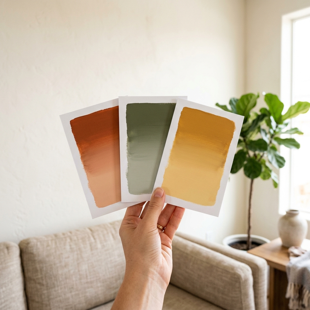 A person holding up three gradient paint swatches against a textured wall in natural light