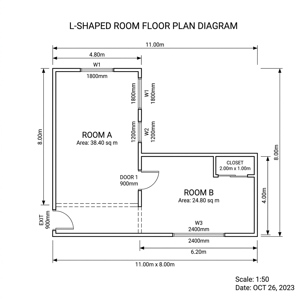 Diagram showing how to split an L-shaped room into two rectangles