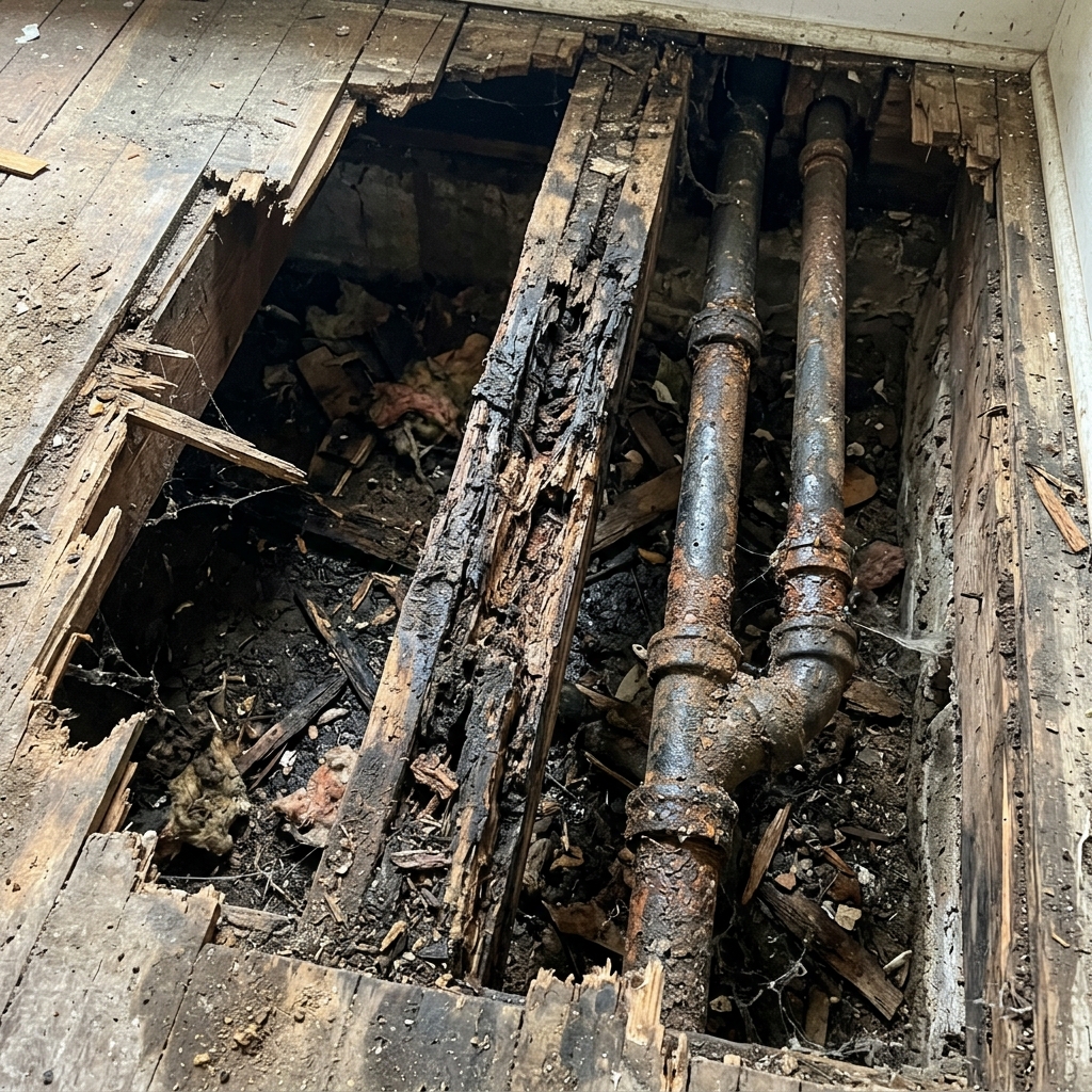 A view looking down into a torn-up floor revealing heavily rotted wooden floor joists next to old plumbing pipes