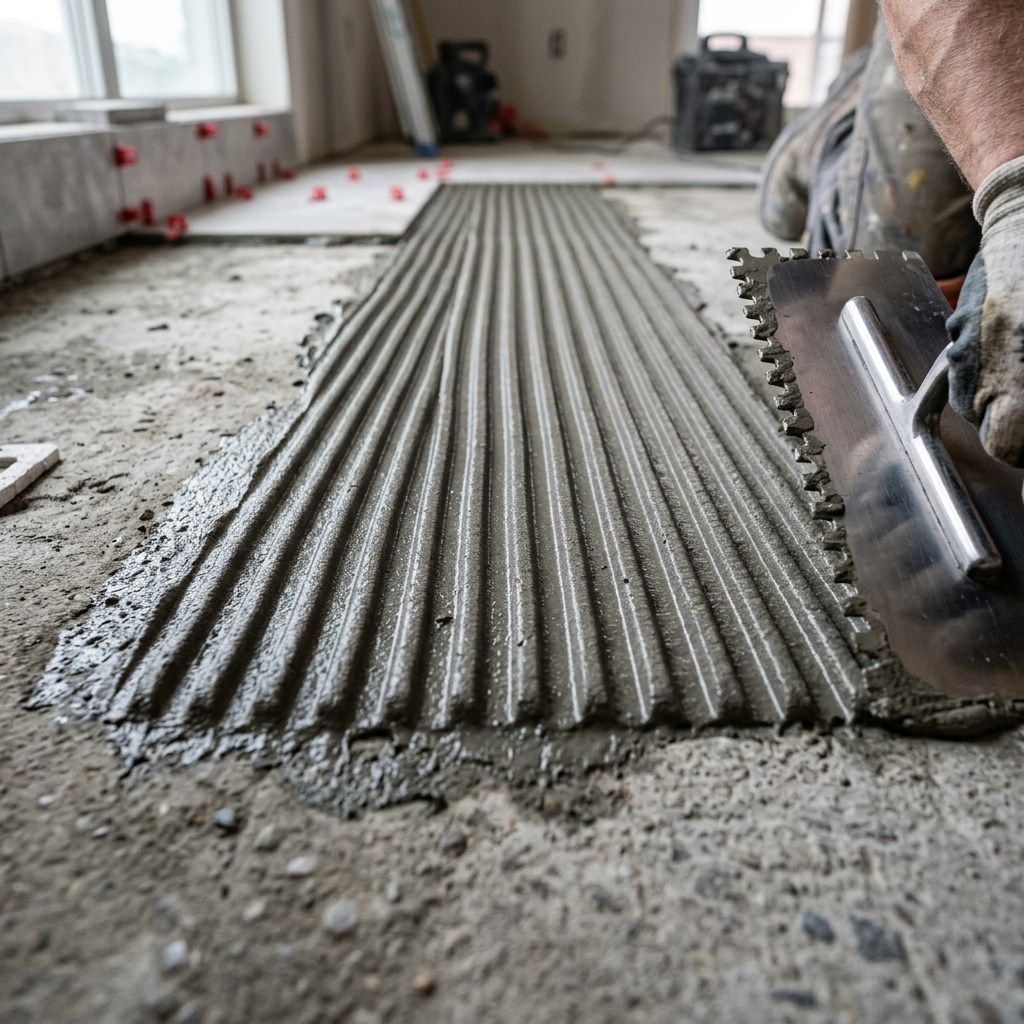 Close up of straight ridges of wet thinset mortar applied to a concrete floor