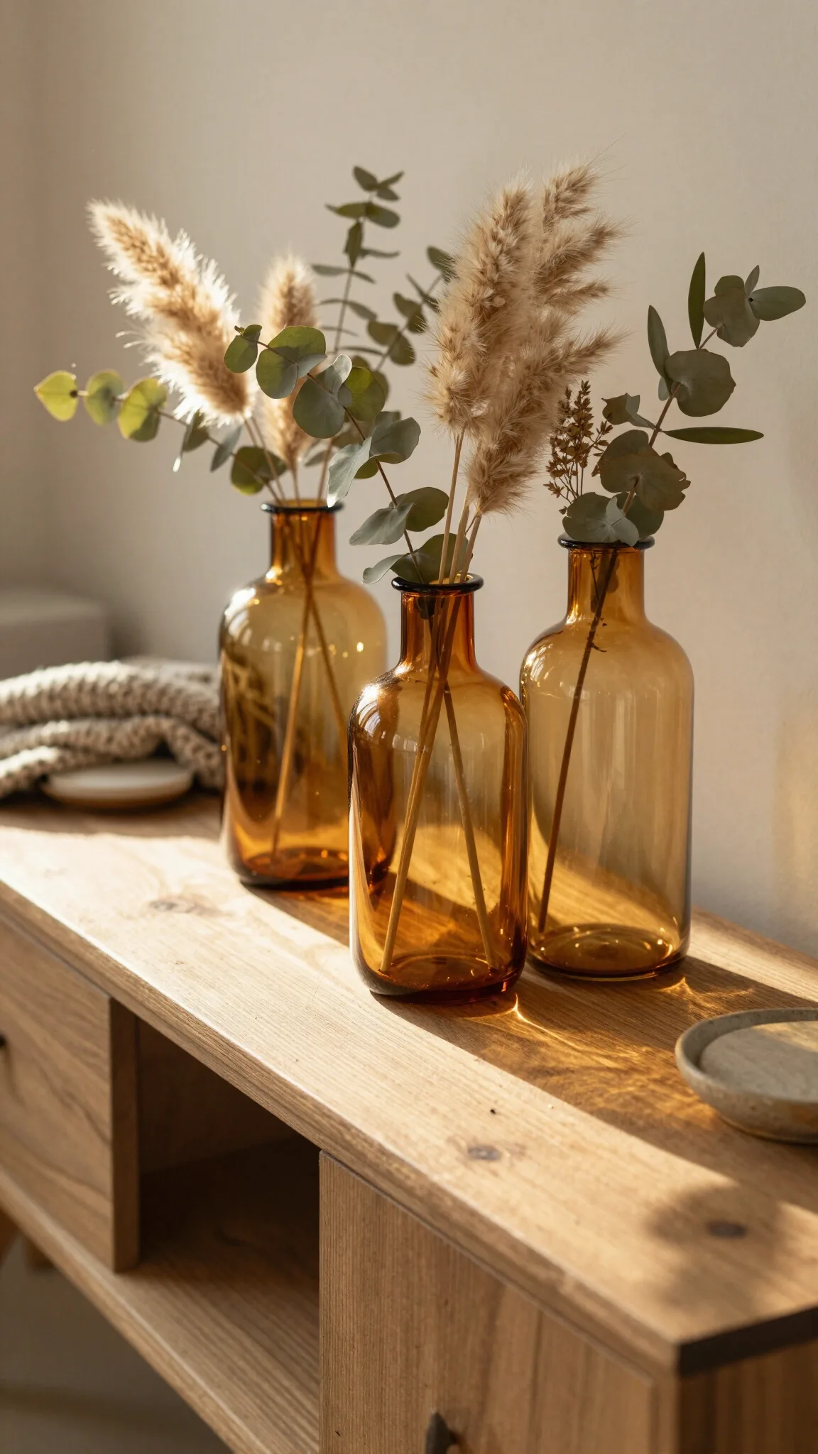 Style amber glass vases with dried stems