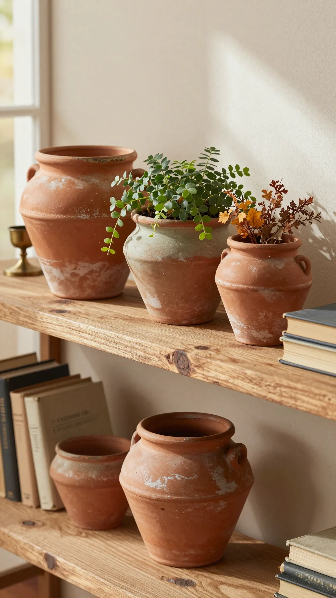 Display aged terracotta pottery