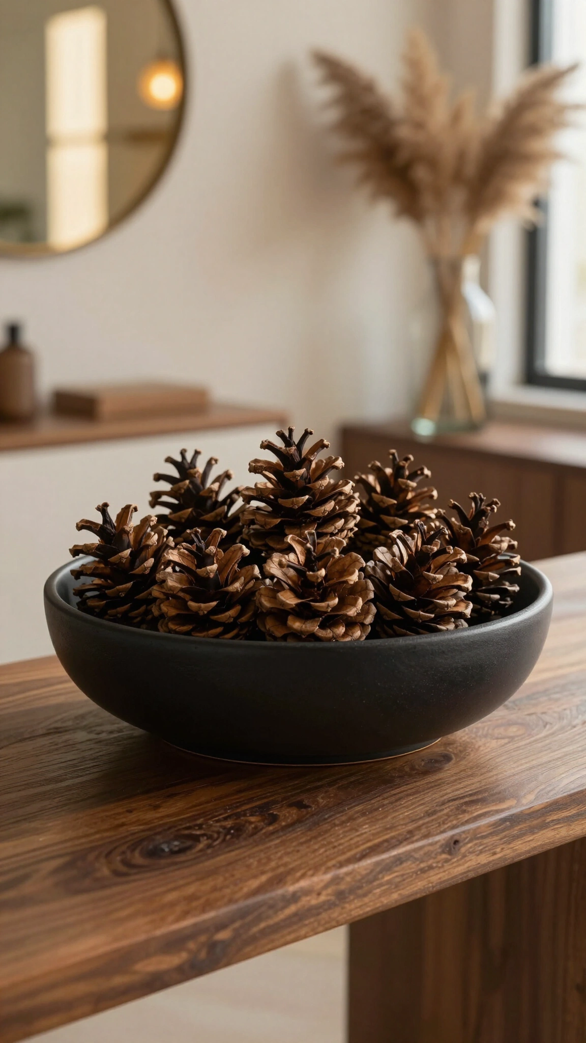 Fill low ceramic bowls with pinecones