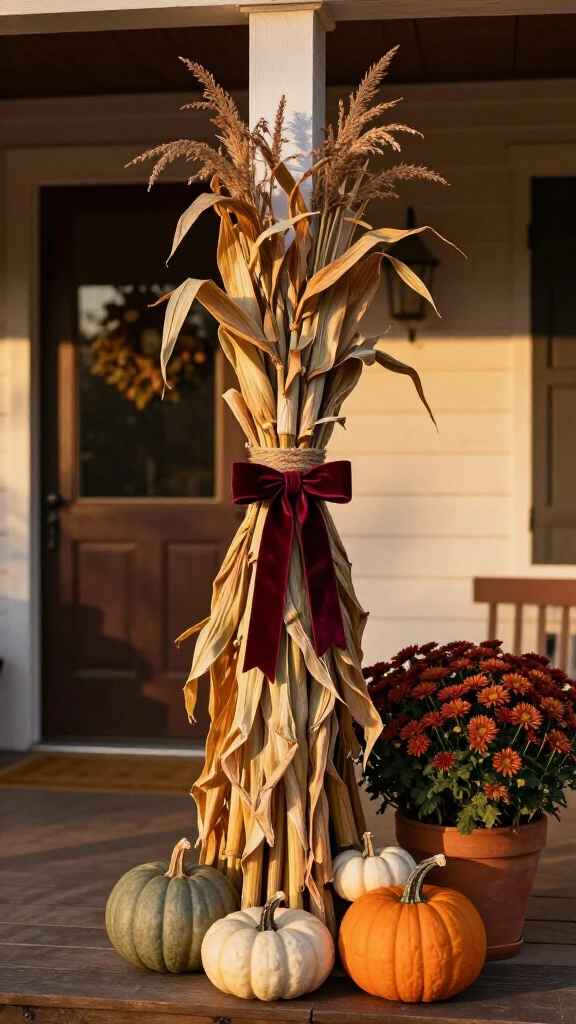 Cornstalk-wrapped porch pillars