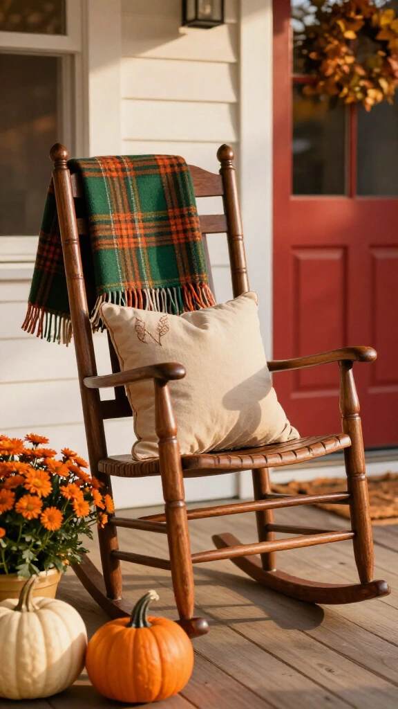 Cozy porch rocker with plaid throws
