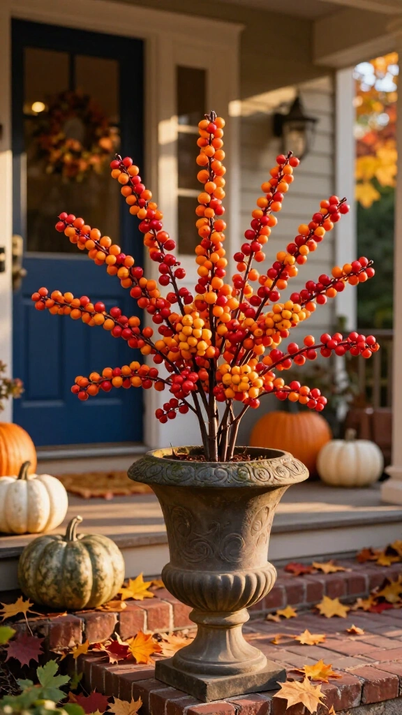 Faux autumn berry branches in urns