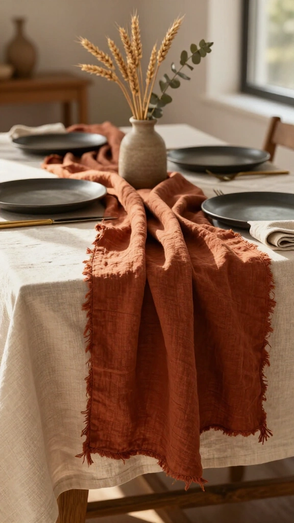Layered linen tablecloths in warm terracotta
