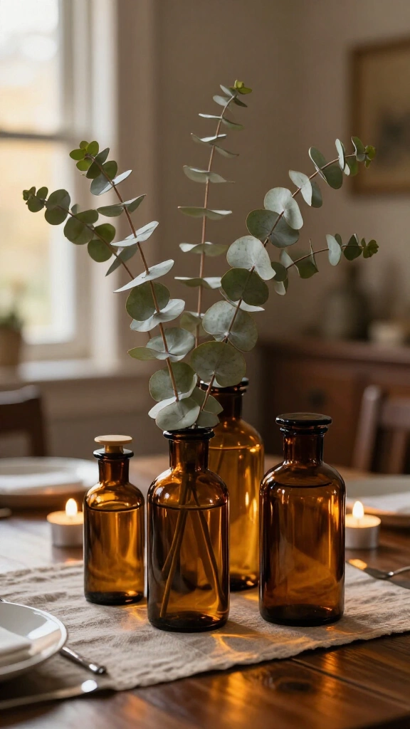 Dried eucalyptus and amber glass bottles