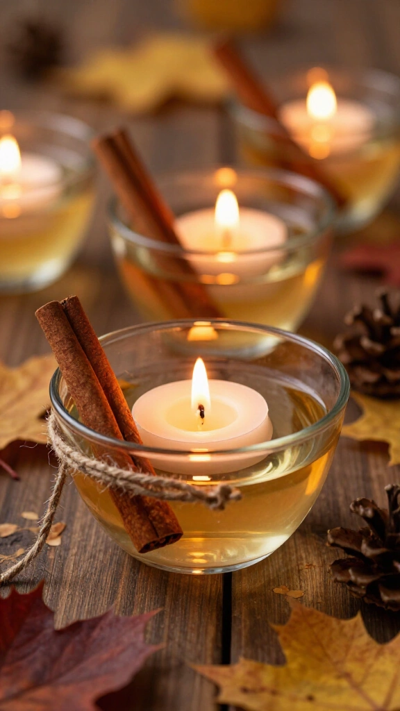 Floating candles in cinnamon stick bowls