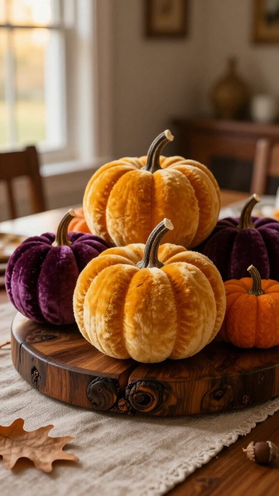 Velvet pumpkin centerpiece cluster