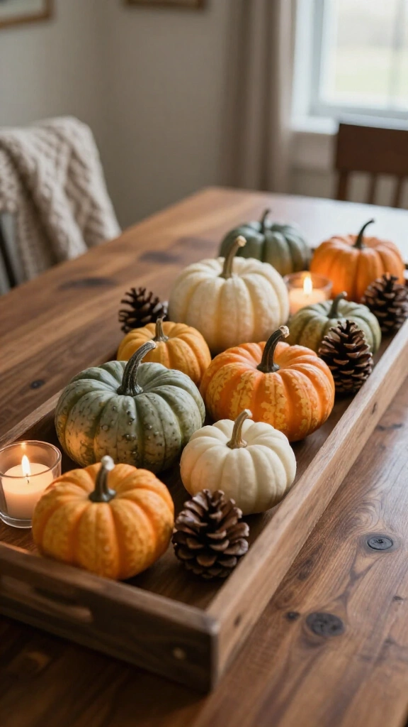 Create a table centerpiece with mini pumpkins