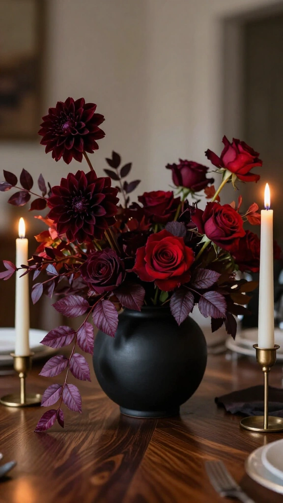 Moody dark floral centerpiece arrangement