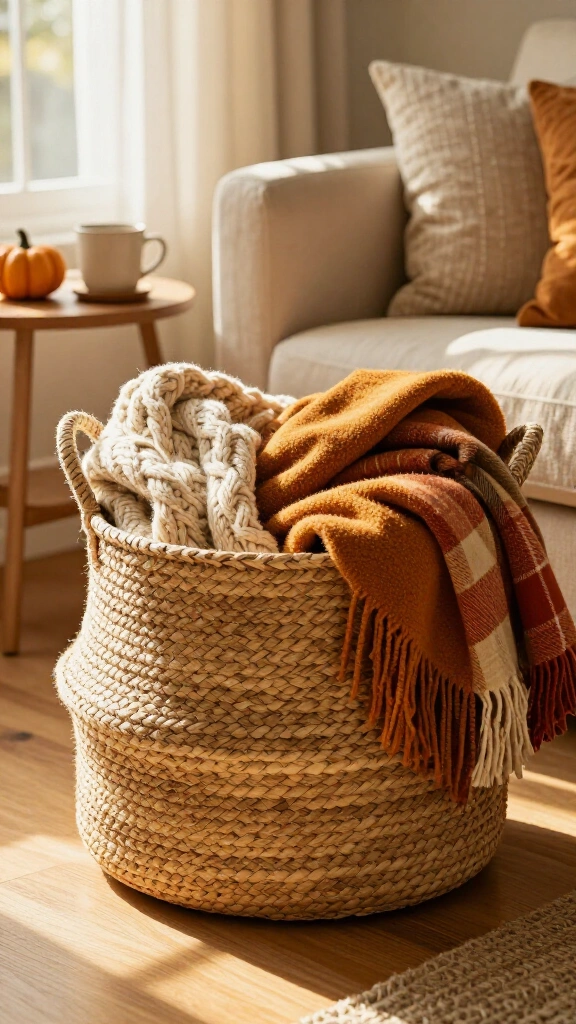 Add a woven storage basket for extra blankets