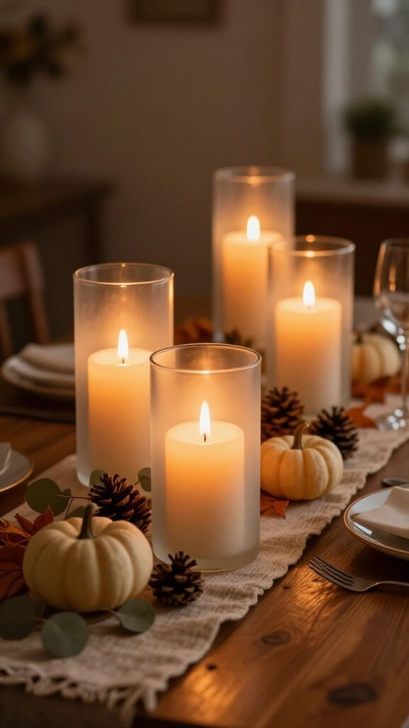 Frosted glass hurricane lamps with pillar candles
