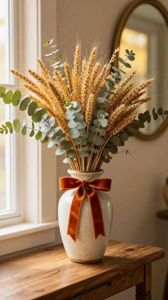 Display eucalyptus and wheat stalks