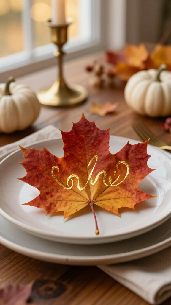 Pressed leaf place cards for guests