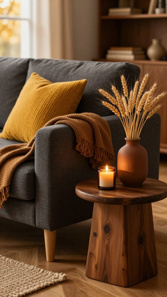 Use muted mustard yellow accents