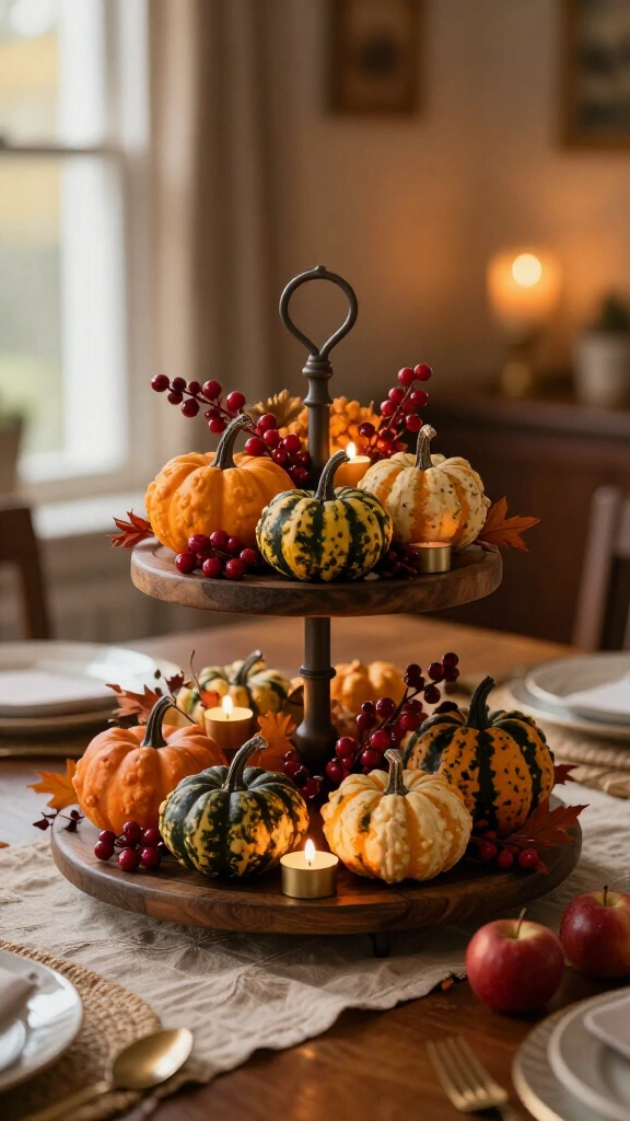 Tiered stand with mini squash and berries