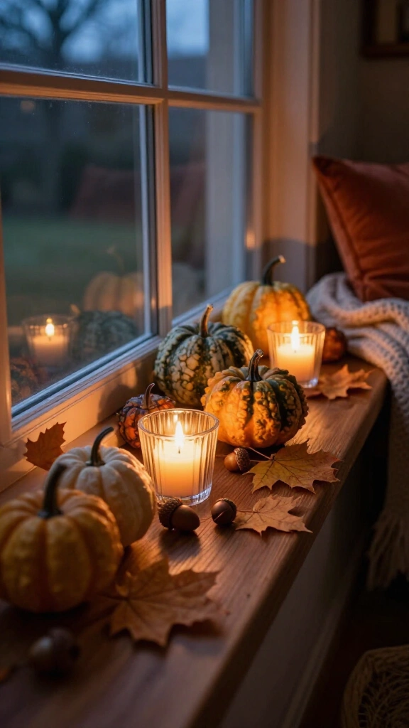 Decorate windowsills with acorns and gourds