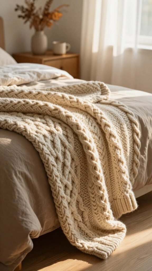 Layer heavy bouclé and chunky knit throws