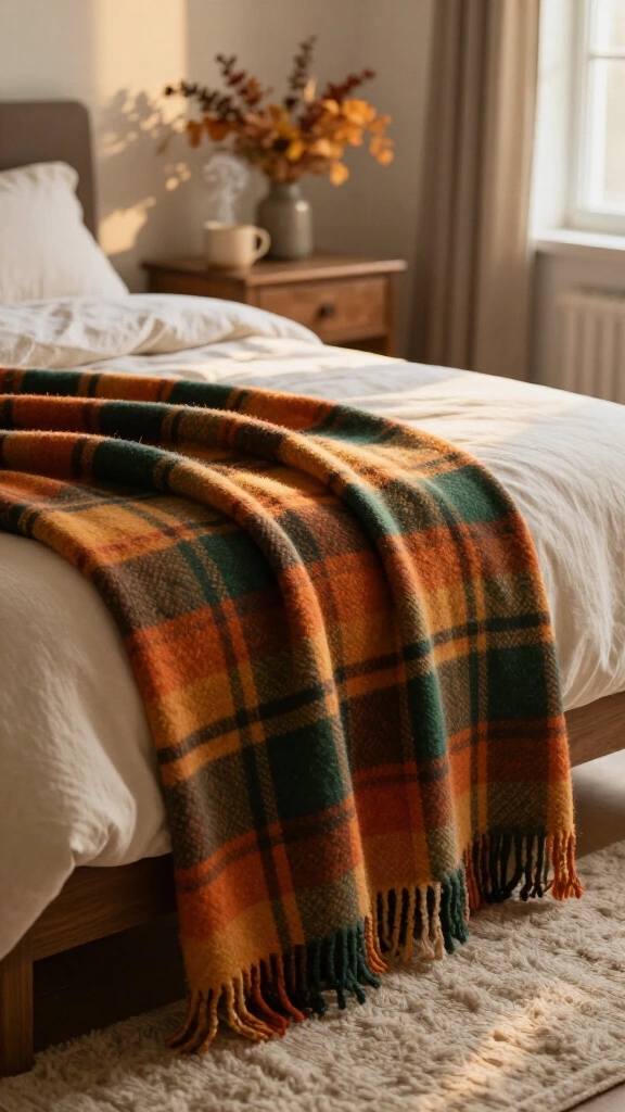 Fold a plaid wool blanket across the foot of the bed