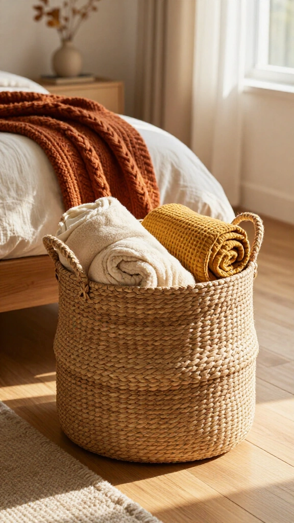 Store extra layers in woven basket bins