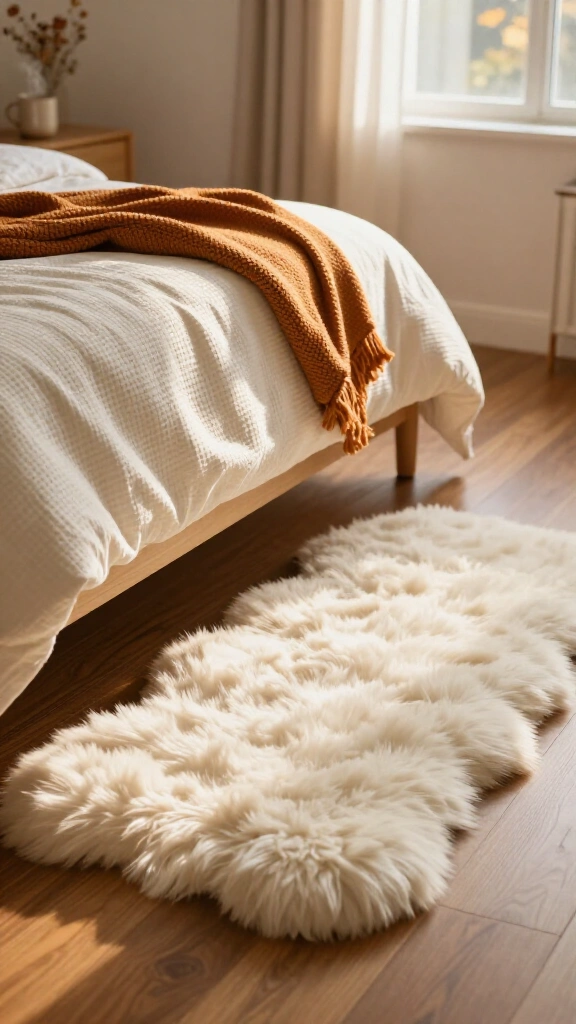 Place faux fur rugs step-side of the mattress
