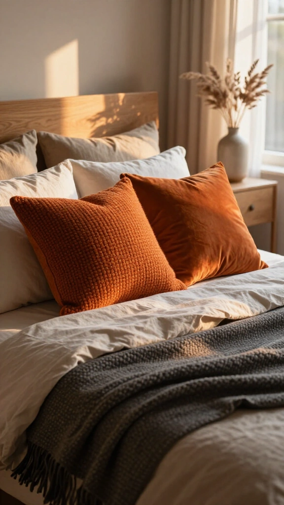 Accent with burnt orange throw pillows
