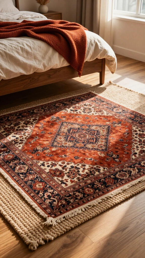 Layer earth-toned vintage area rugs