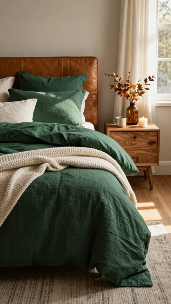 Incorporate deep forest green bedding