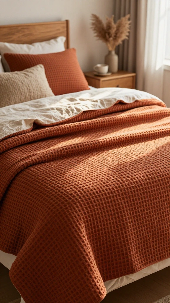 Deep terracotta waffle weave coverlet