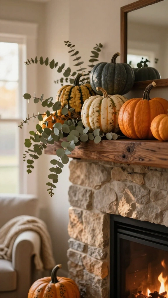 Stack heirloom pumpkins on the mantle