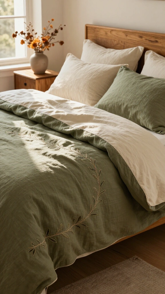 Olive branch embroidered linen set