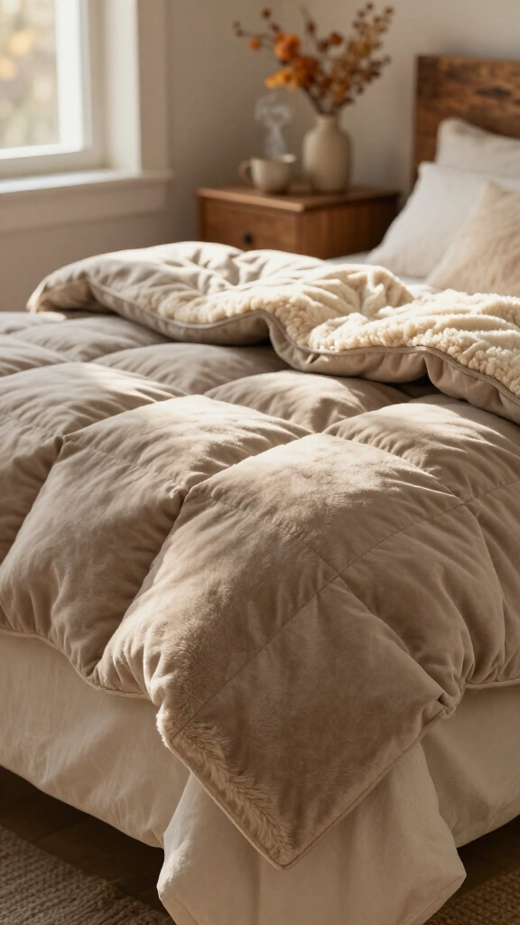 Warm taupe sherpa fleece comforter