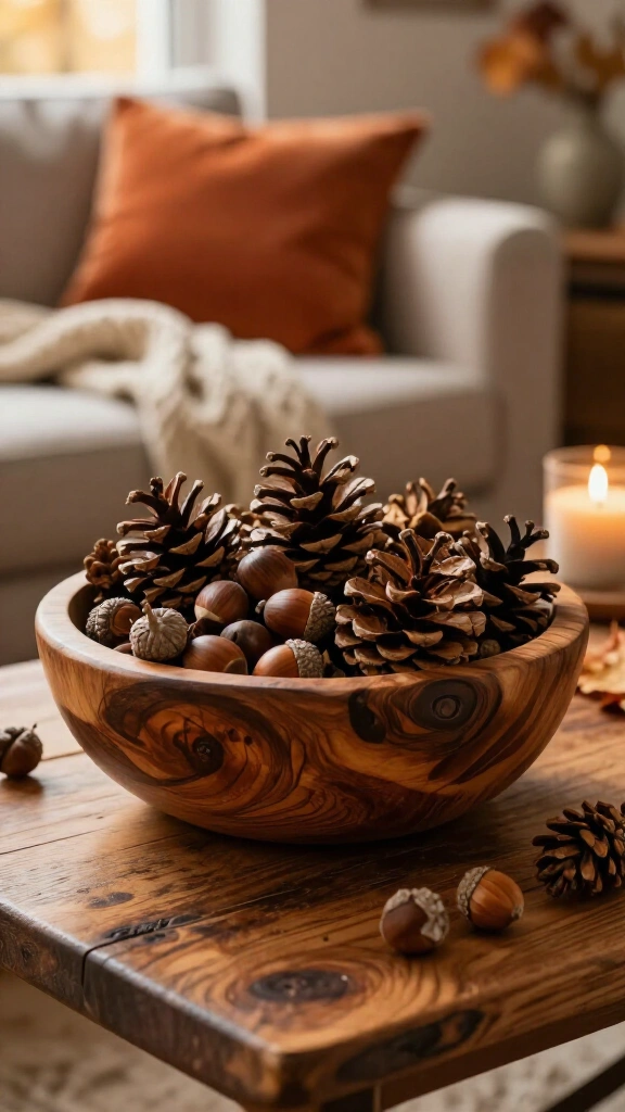 Fill bowls with natural pinecones and acorns
