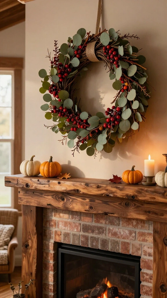 Hang a dried eucalyptus or berry wreath above the fireplace