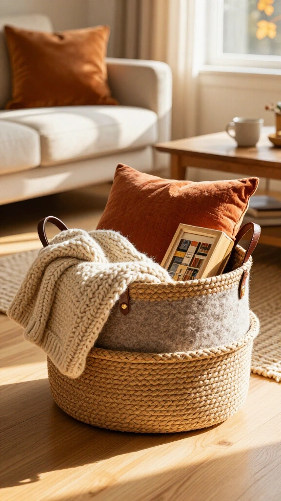Use woven storage baskets with leather handles