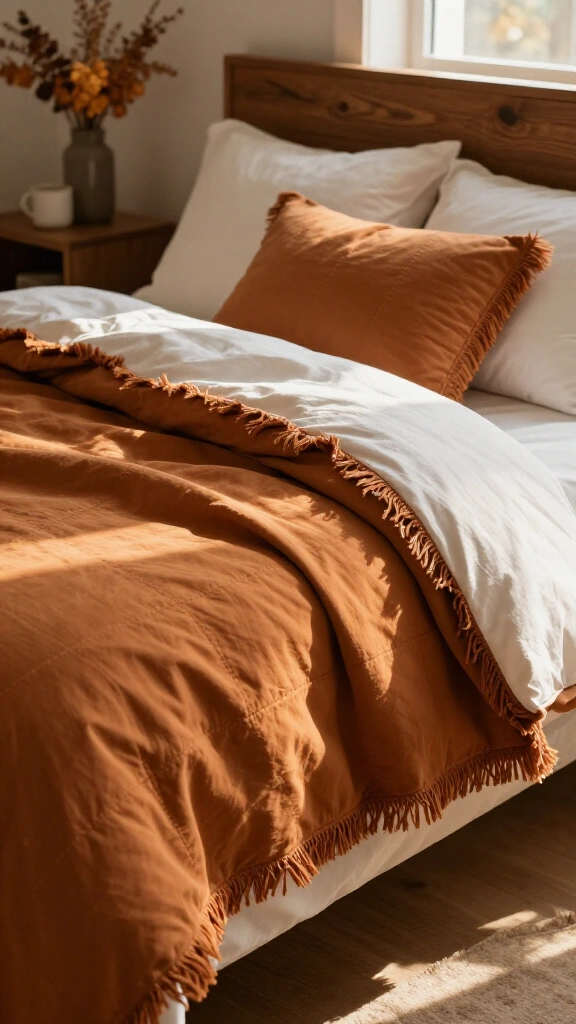 Burnt sienna fringe quilt set