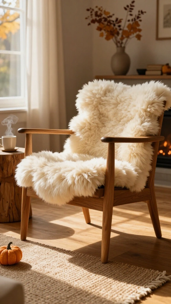 Drape faux sheepskin over wooden chairs