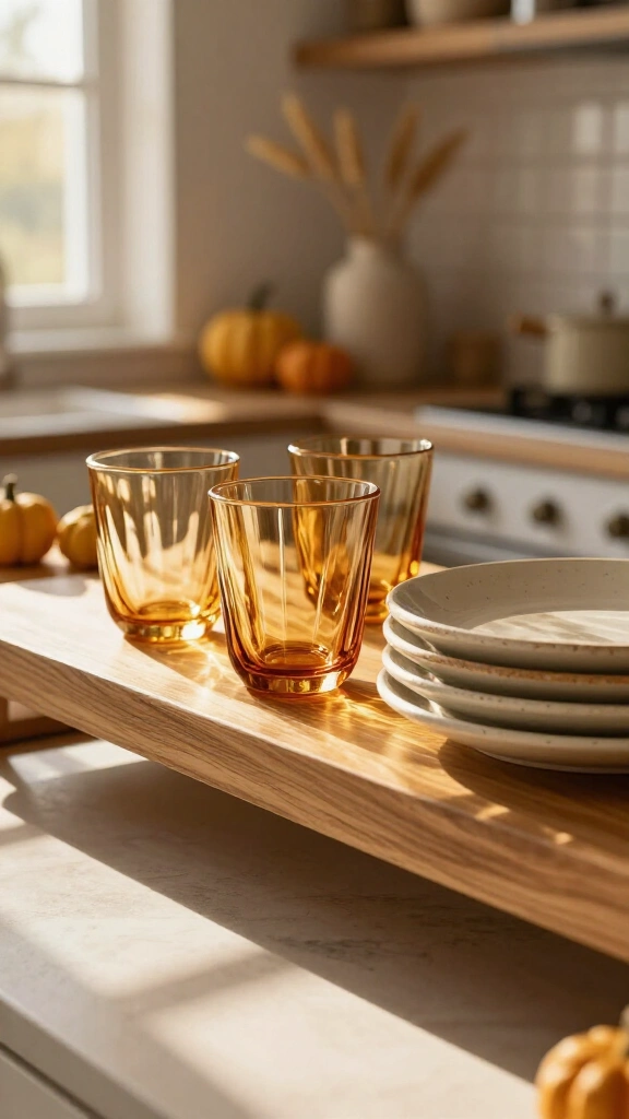Warm amber glassware on open shelves
