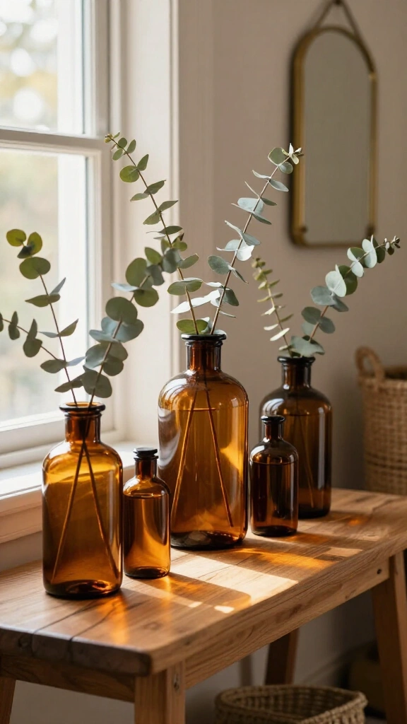 Amber glass bottle eucalyptus display