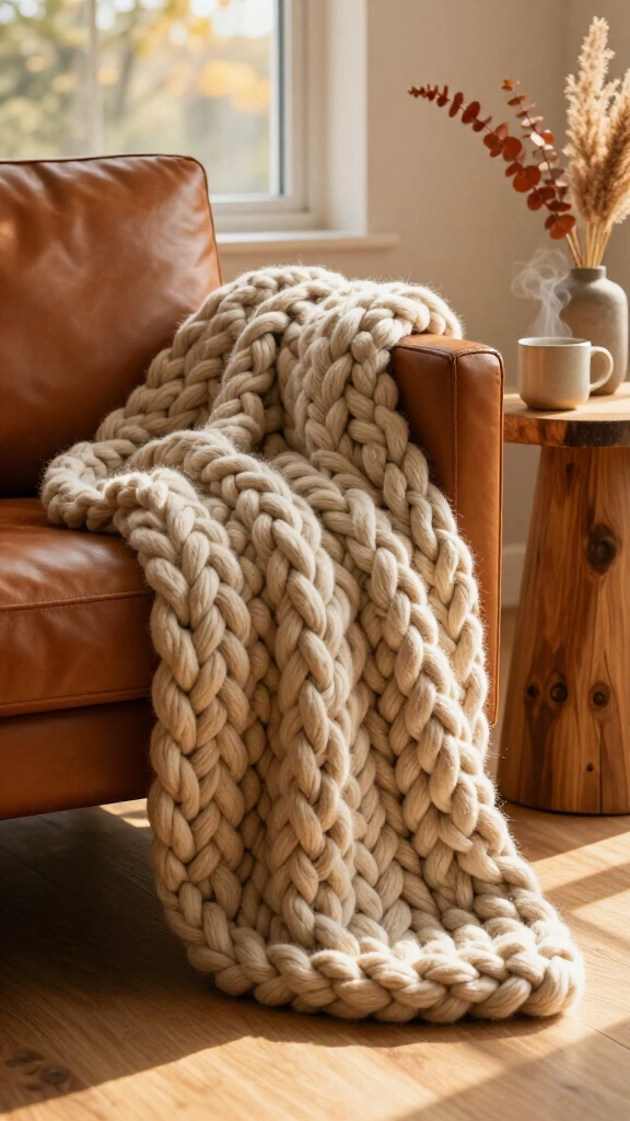 Chunky hand-knit throw blanket