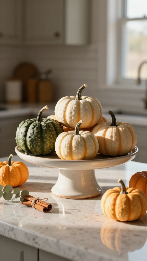 Mini heirloom pumpkin countertop arrangements