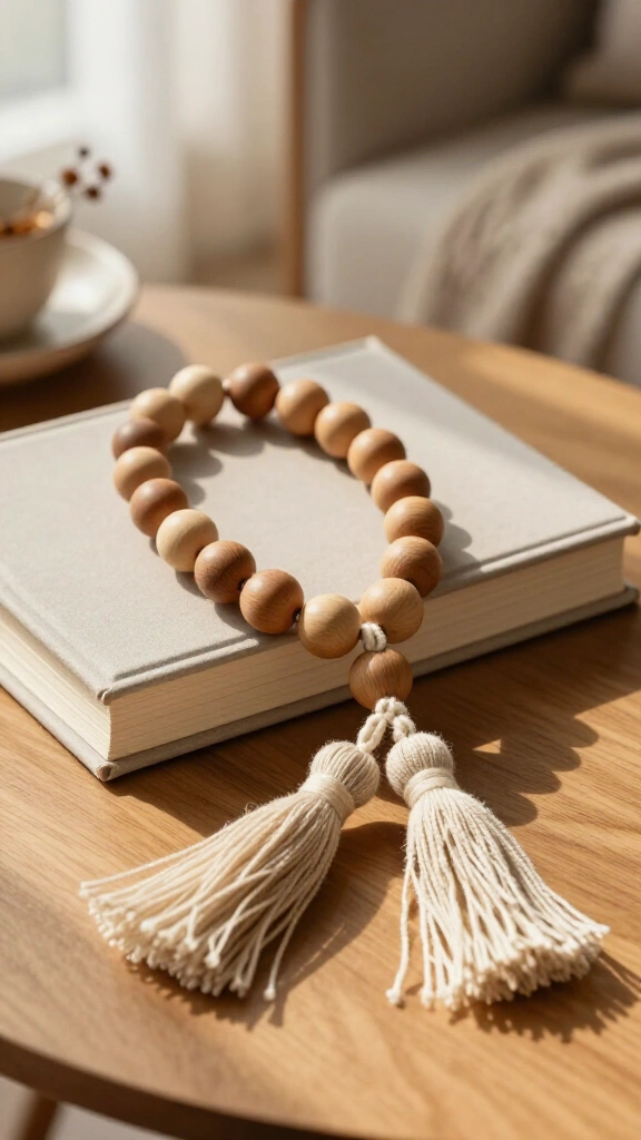 Modern wood bead garland with linen tassels