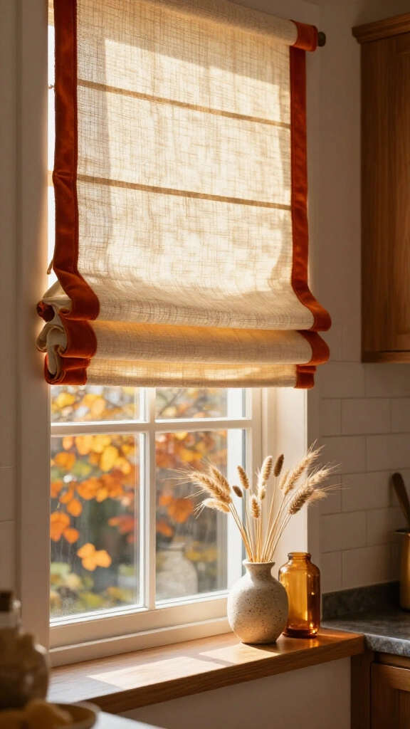 Velvet-trimmed Roman shades