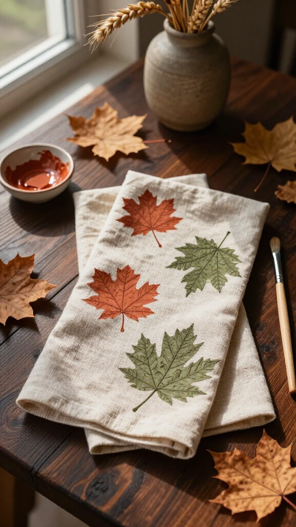 Leaf-stamped linen dinner napkins